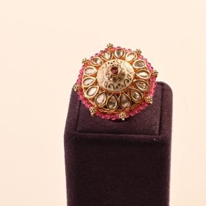 Polki Kundan Adjustable Finger Ring ( Pink )