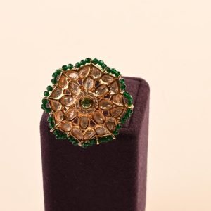 Elegant Polki Inlaid Green Stone Adjustable Finger Ring