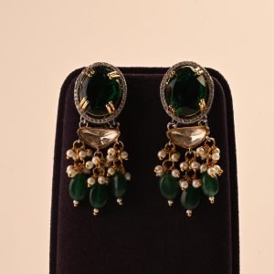 Kundan Stone (Green) with Dual Tone Pearl Earrings